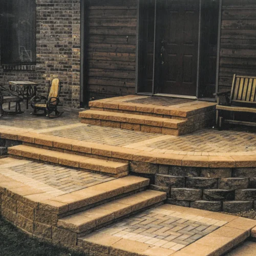 Brick patio with elevated stone steps.
